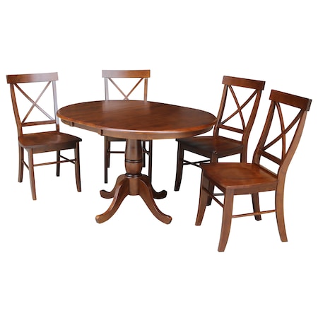 International Concepts Round 36 in Rd Top Pedestal Ext Table, 12 in Leaf And 4 X-Back Chairs, Espresso, 36 W, 48 L, Wood K581-36RXT-C613-4